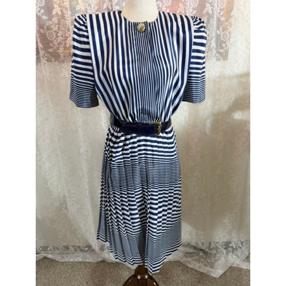 Vintage Navy White Striped Pleated Midi Dress Short Puff Sleeve Belted Nautical